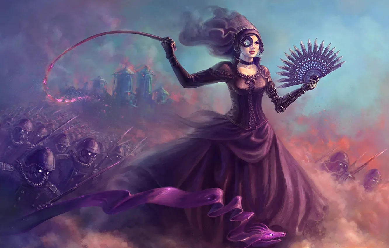 Photo wallpaper girl, the city, army, fan, art, whip, monocle