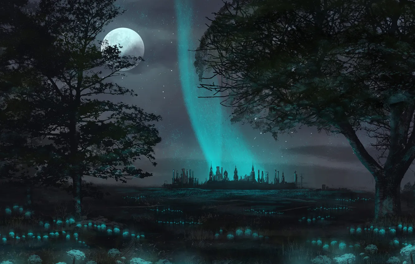 Photo wallpaper trees, flowers, night, the city, the moon, glow, art, starry sky
