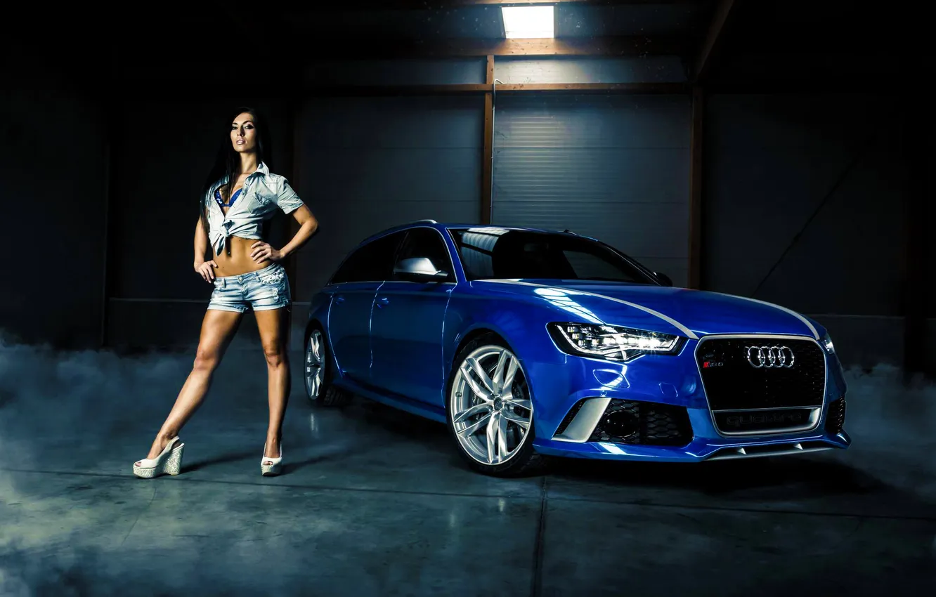 Photo wallpaper Audi, Girl, Car, Legs, Blue, Smoke, Sport, RS6