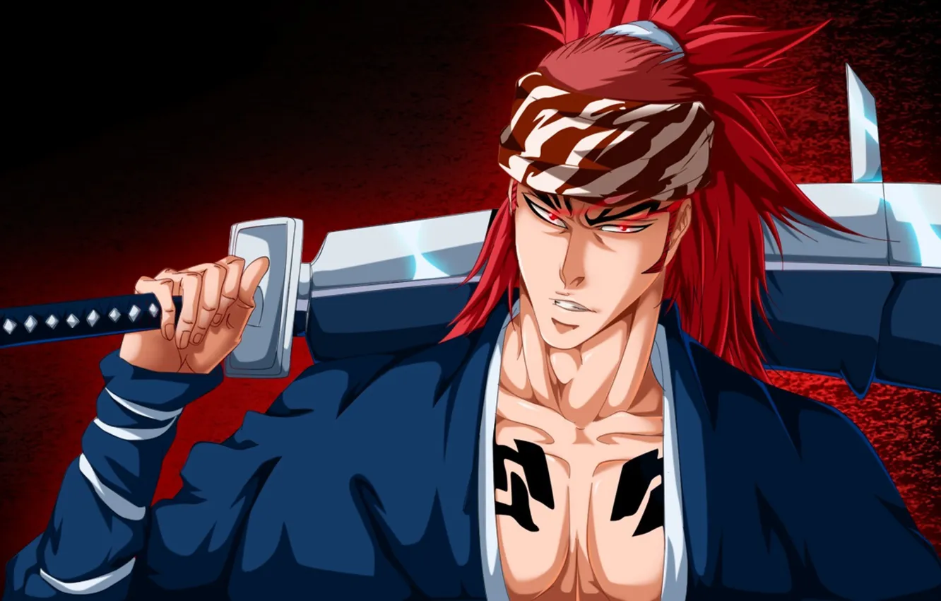 Photo wallpaper sword, game, Bleach, sky, red hair, long hair, anime, red eyes