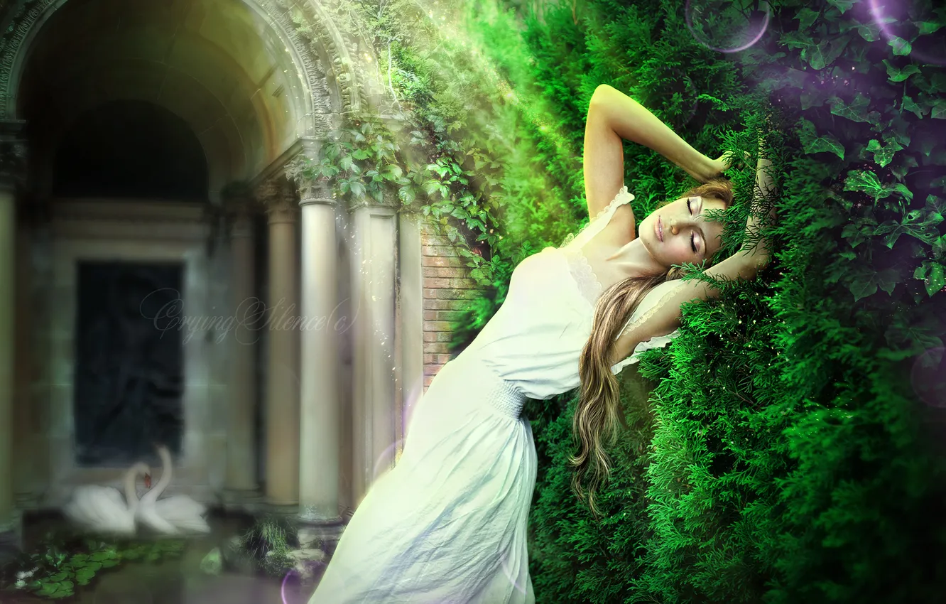 Photo wallpaper white, girl, rays, face, green, hair, beautiful, swans