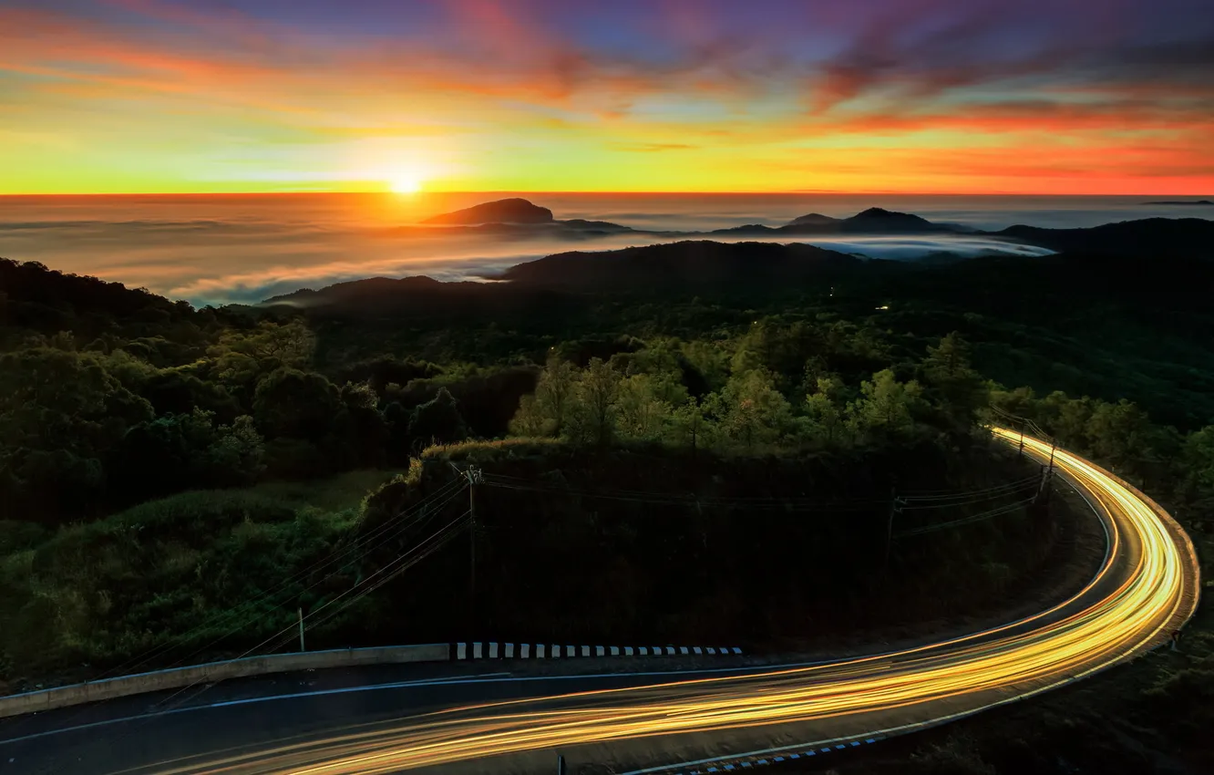 Photo wallpaper Thailand, road, mountain, fog, sunrise, Doi Inthanon National Park