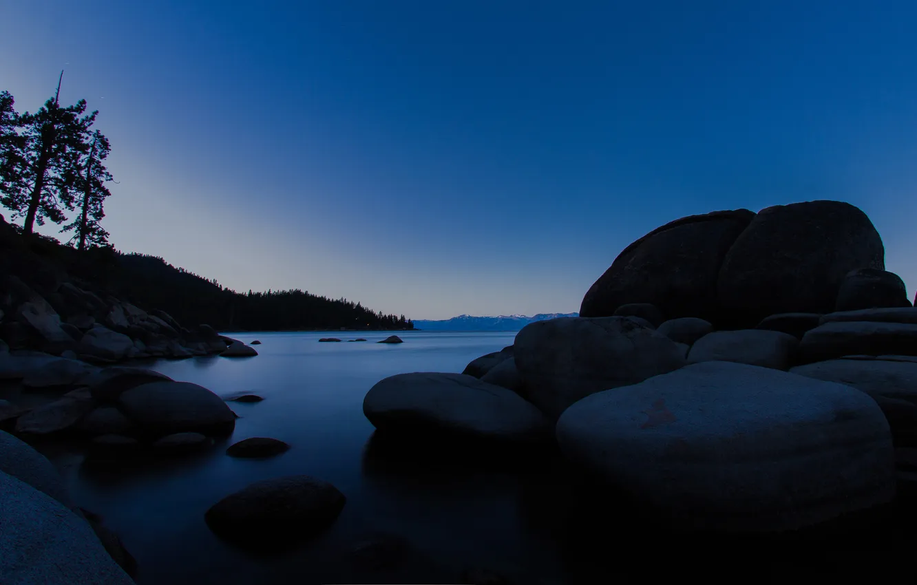 Photo wallpaper the sky, trees, lake, stones