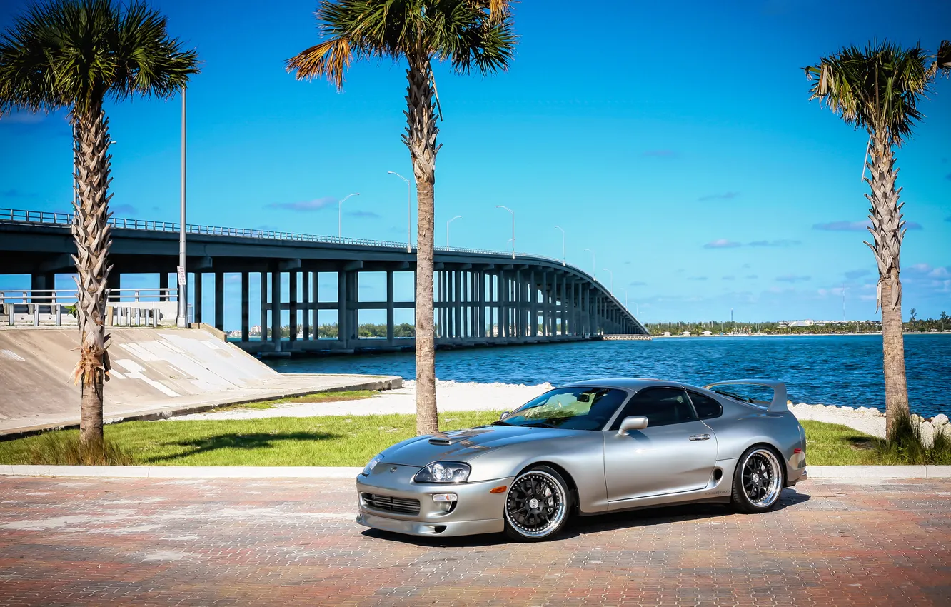 Photo wallpaper bridge, palm trees, tuning, Toyota Supra, Toyota Supra