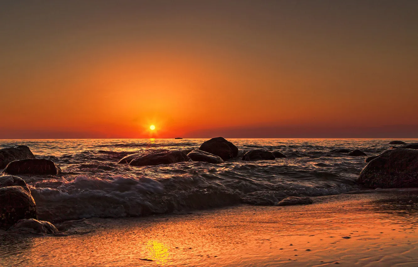Photo wallpaper sea, wave, beach, sunset, stones, orange sky
