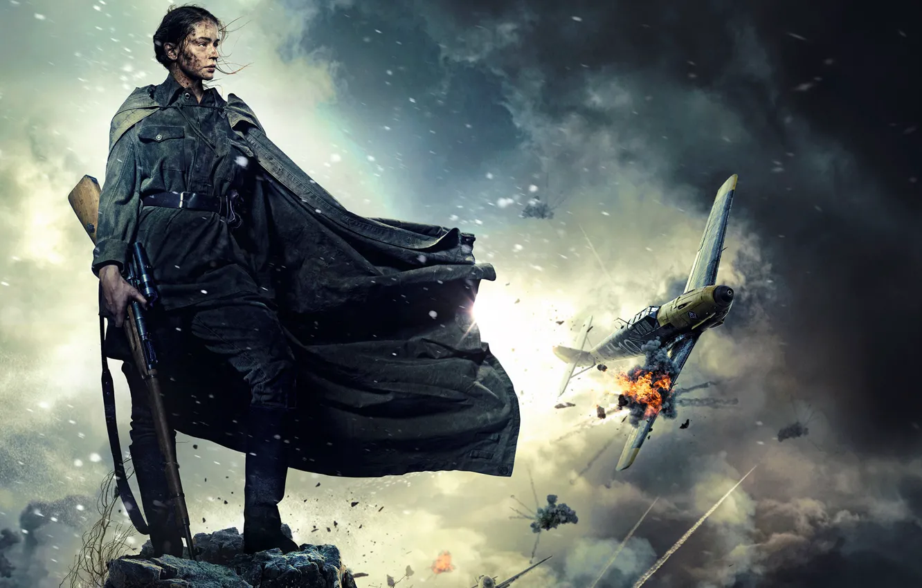Photo wallpaper girl, the plane, explosions, form, sniper, fighter, rifle, poster