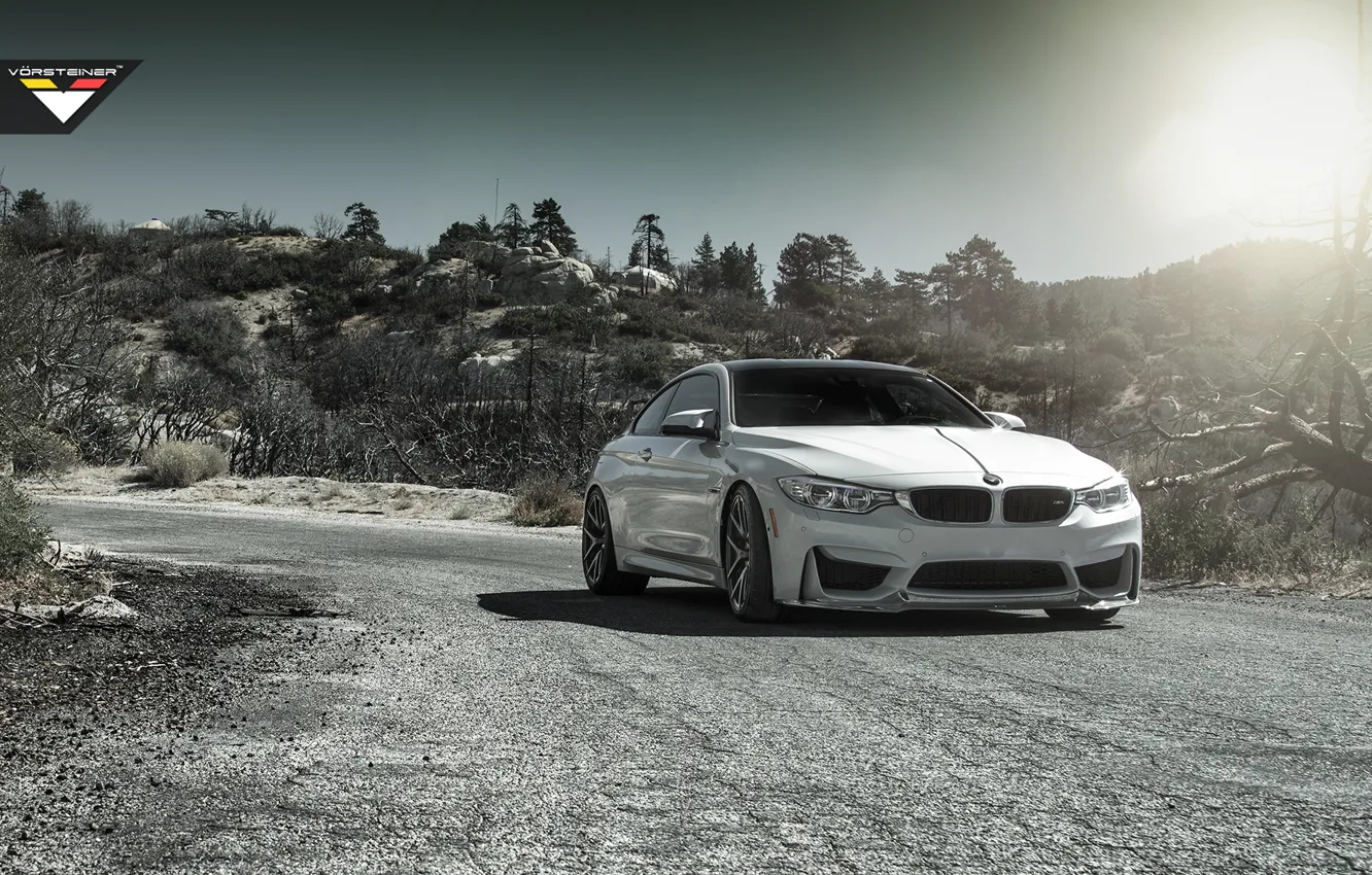 Photo wallpaper BMW, Sky, Front, Vorsteiner, Sun, White, Tuning, Road