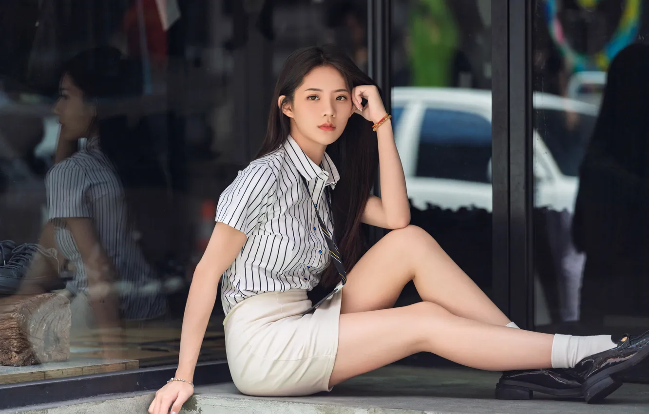 Photo wallpaper look, girl, pose, reflection, brunette, legs, Asian, long hair