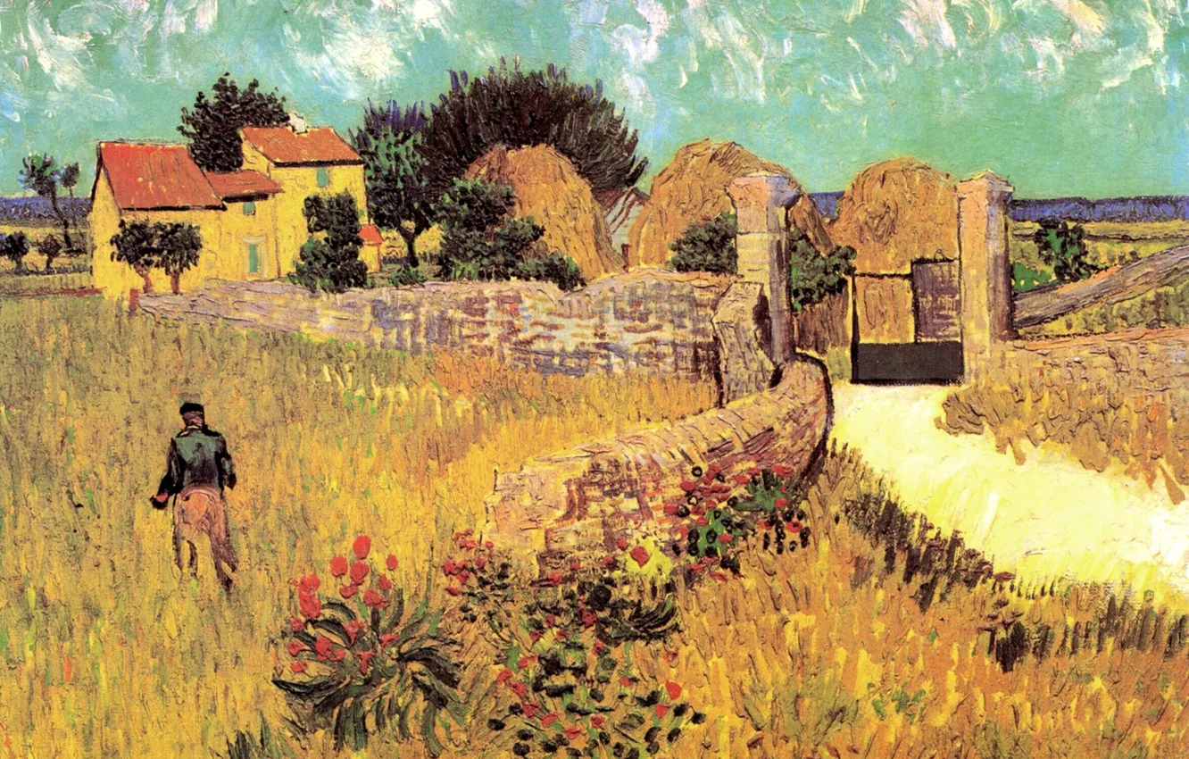 Photo wallpaper flowers, house, gate, male, Vincent van Gogh, Farmhouse, in Provence