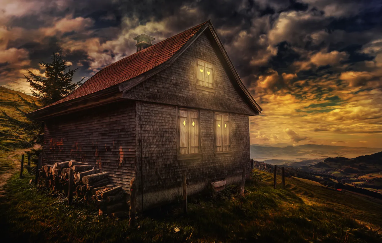 Photo wallpaper the sky, clouds, house, treatment, Good night