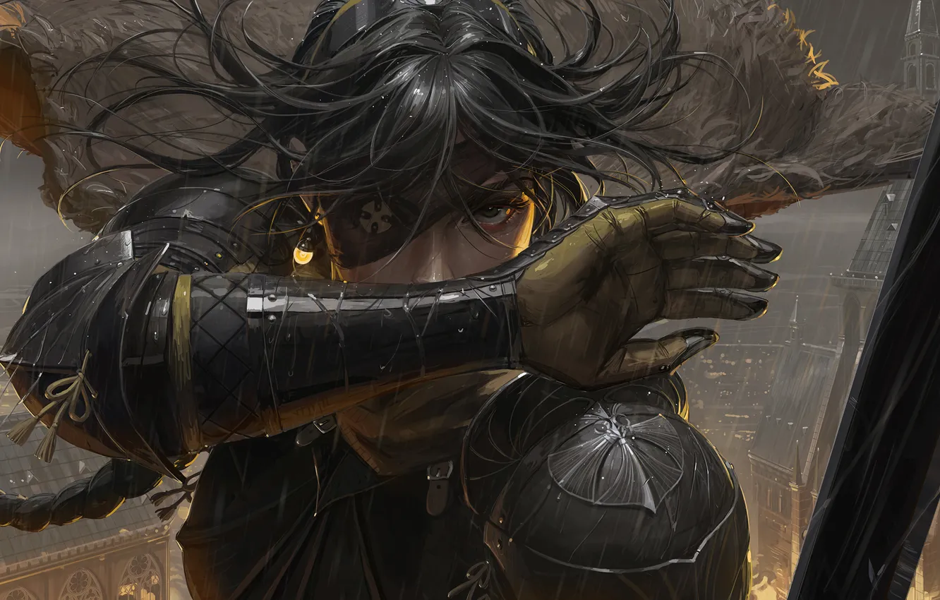 Photo wallpaper girl, sword, fantasy, rain, armor, digital art, artwork, warrior