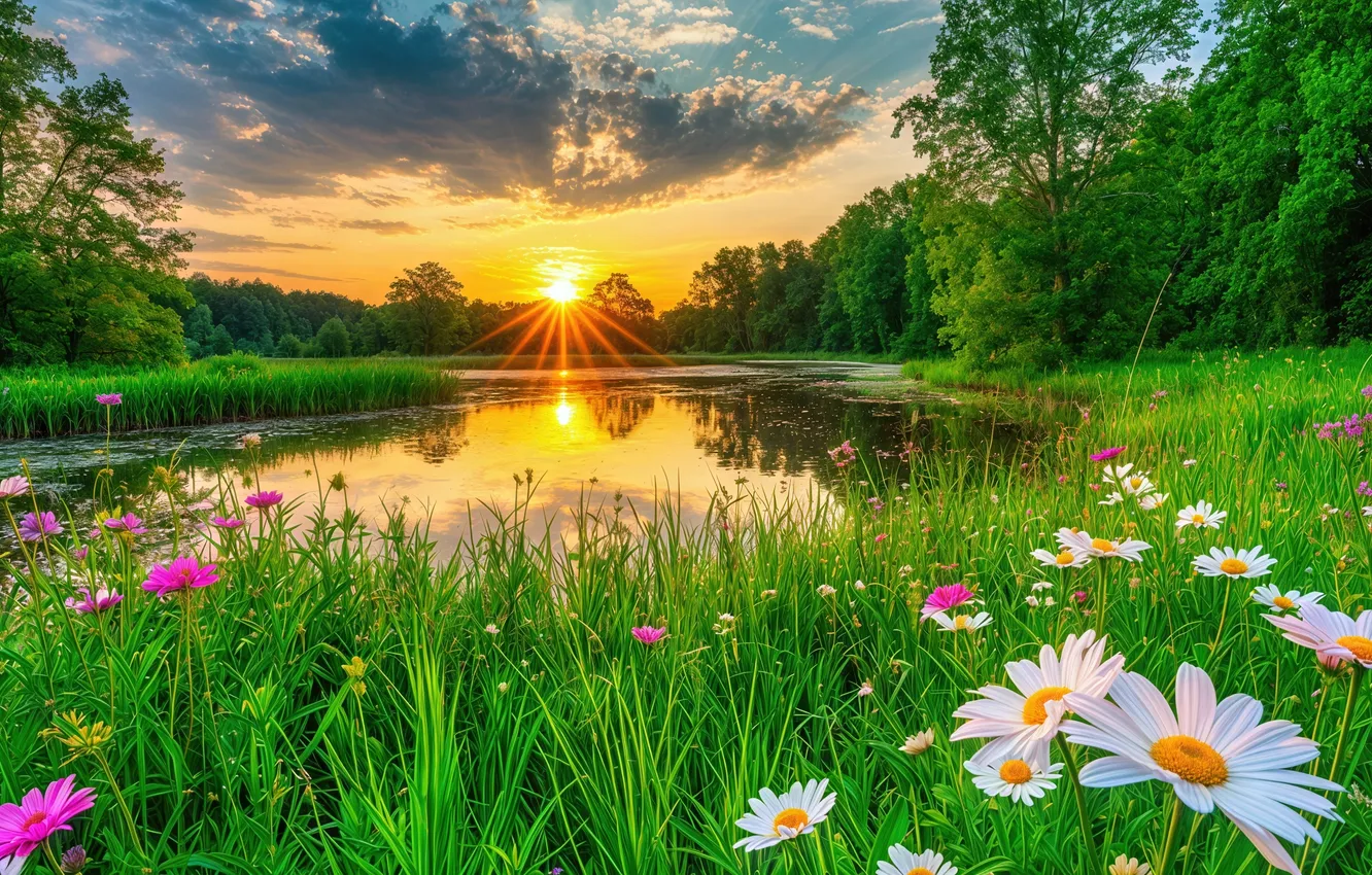 Photo wallpaper forest, chamomile, pond, AI art, neural network