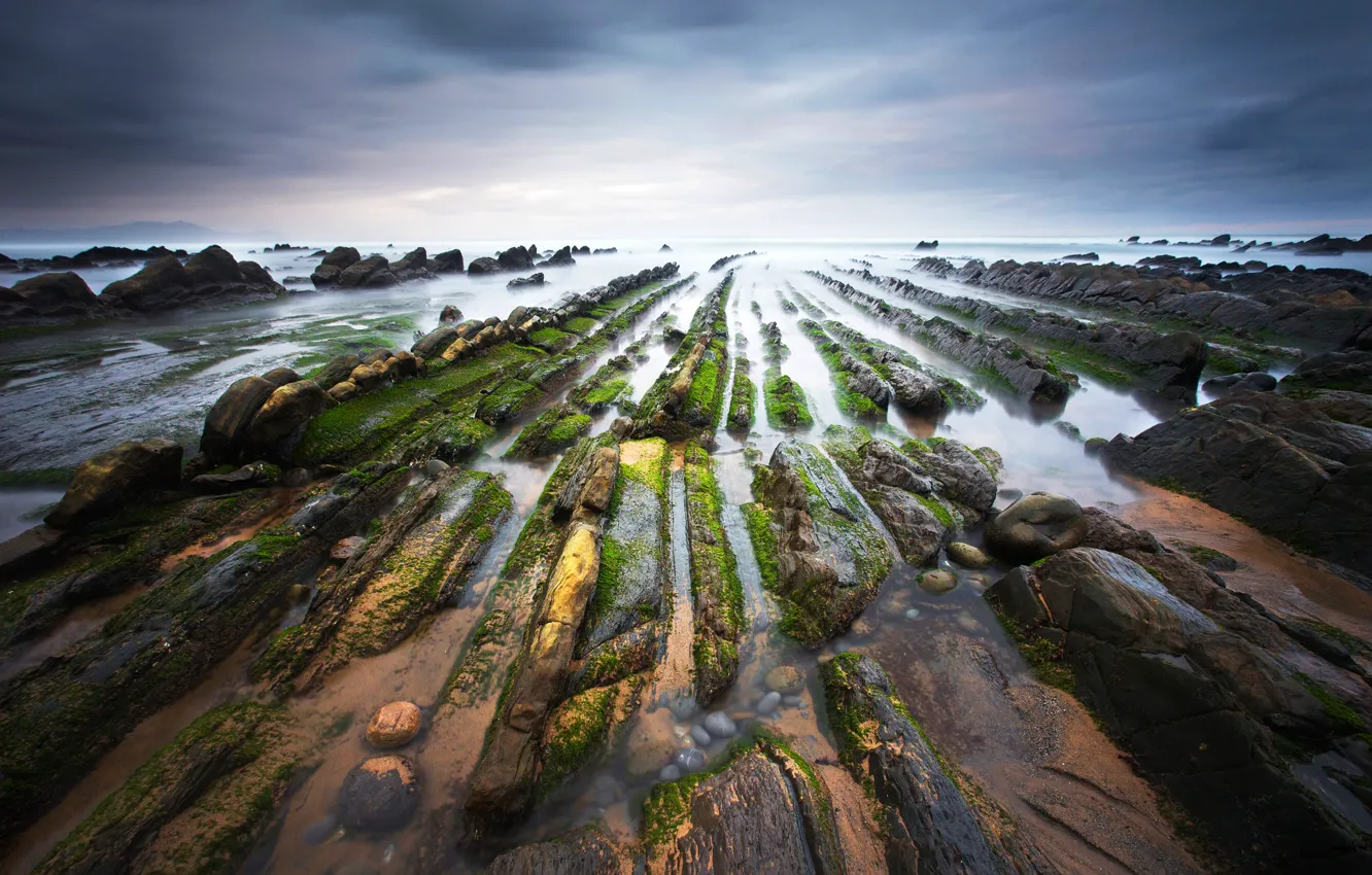 Photo wallpaper water, nature, stones, coast, moss, excerpt, Spain, The Bay of Biscay