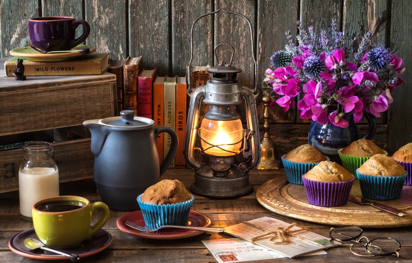 Photo wallpaper letter, flowers, coffee, bouquet, kettle, glasses, lights, book