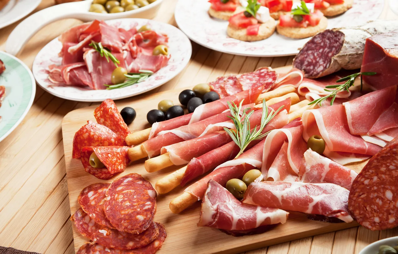 Photo wallpaper meat, Board, olives, sausage, bacon