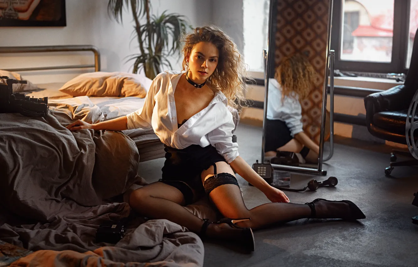 Photo wallpaper girl, stockings, mirror, legs, beautiful, Rus, charming, George Chernyadev