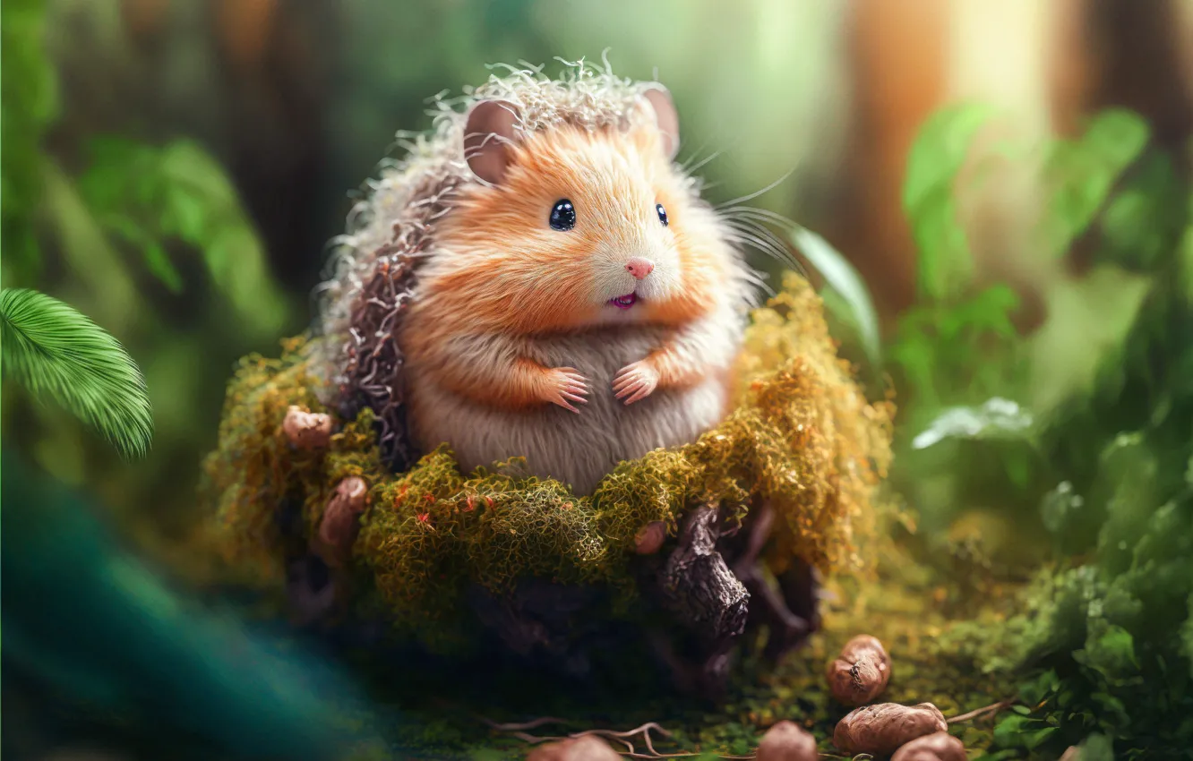 Photo wallpaper nature, rendering, graphics, moss, animal, hamster, baby, cub