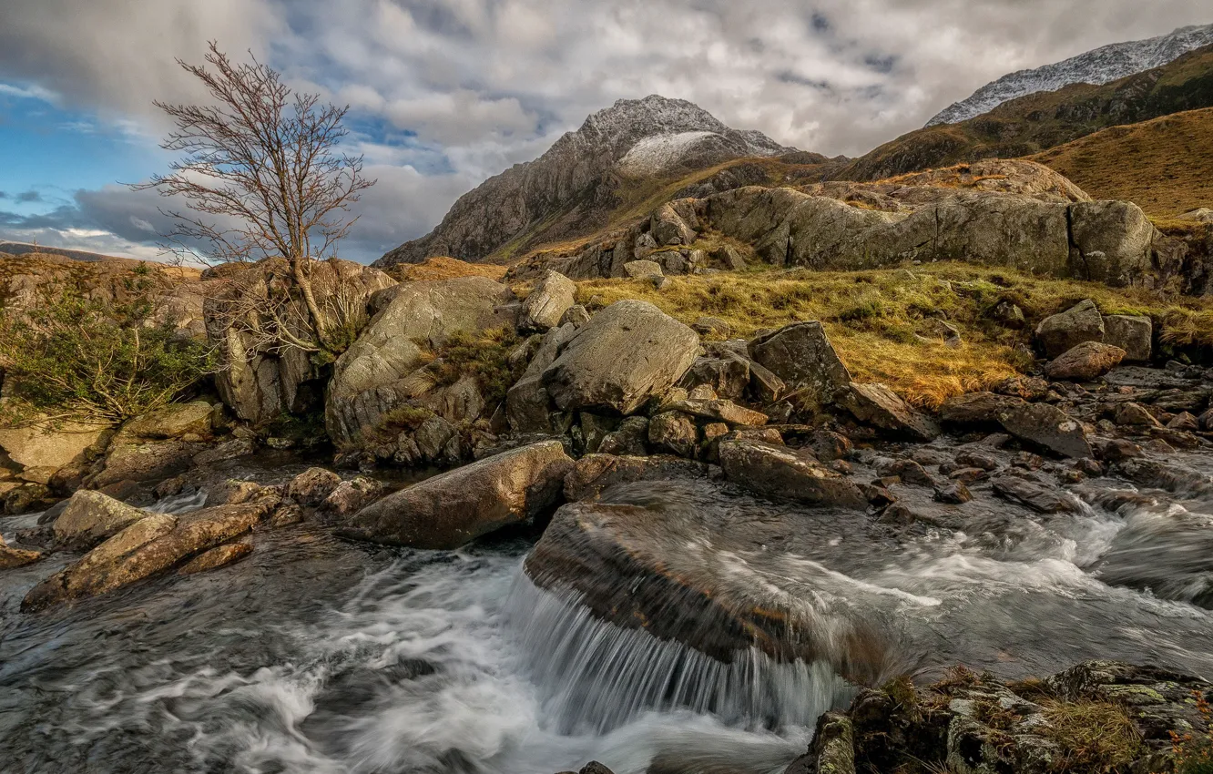 Photo wallpaper clouds, trees, mountains, river, stones, stream, Wales, Snowdonia