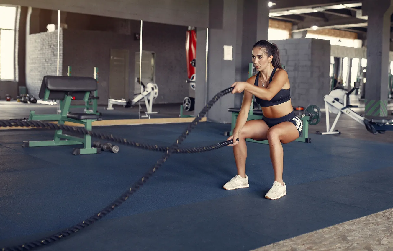 Photo wallpaper girl, shorts, exercise, sports, fitness, gym, sneakers