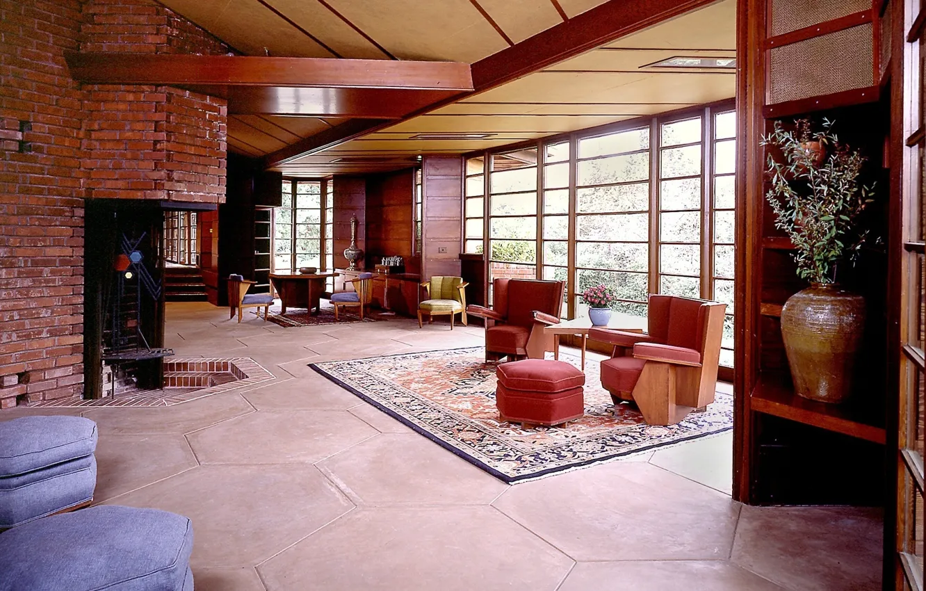 Photo wallpaper design, furniture, interior, living room, Stanford University, Hanna House