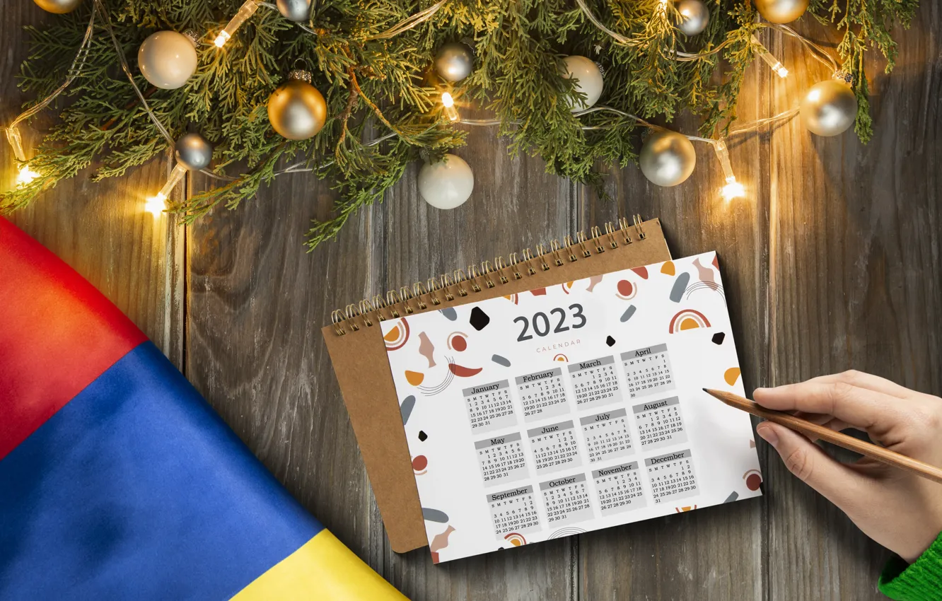 Photo wallpaper balls, light, branches, Board, new year, hands, pencils, flag