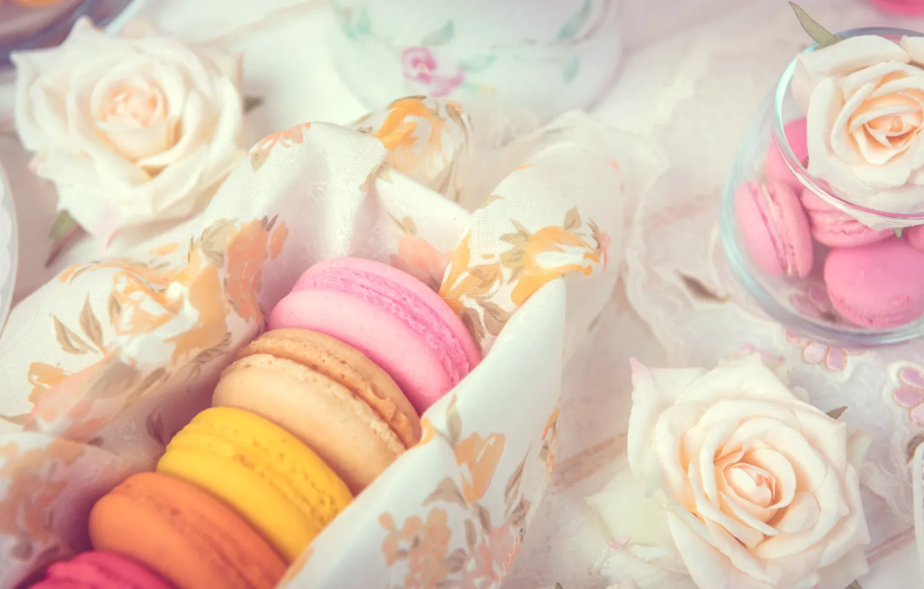 Photo wallpaper flowers, roses, dessert, pink, flowers, cakes, sweet, sweet