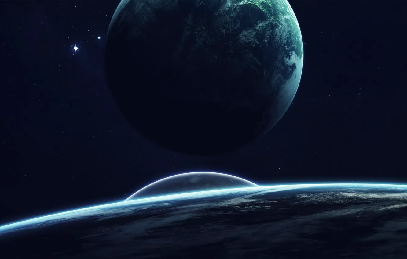 Photo wallpaper space, stars, planet, satellite, art, orbit, space, art