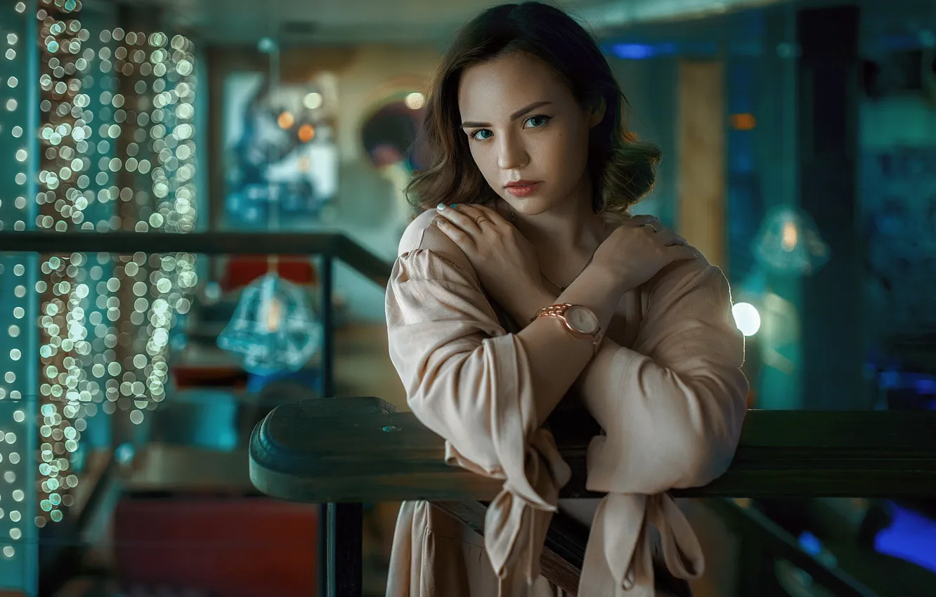 Photo wallpaper lights, woman, model, Irina, Irina, staircase, watch, looking at the viewer