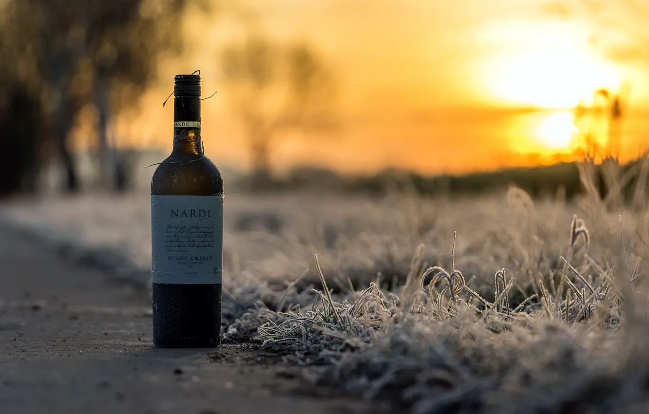 Photo wallpaper sunset, wine, bottle