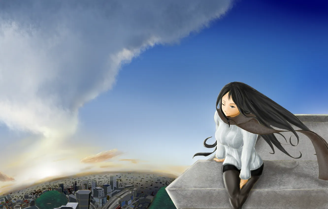 Photo wallpaper the sky, girl, clouds, the city, view, height, art