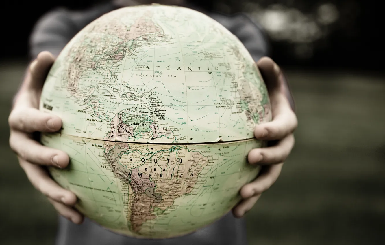 Photo wallpaper the world, map, hands, fingers, globe, South America