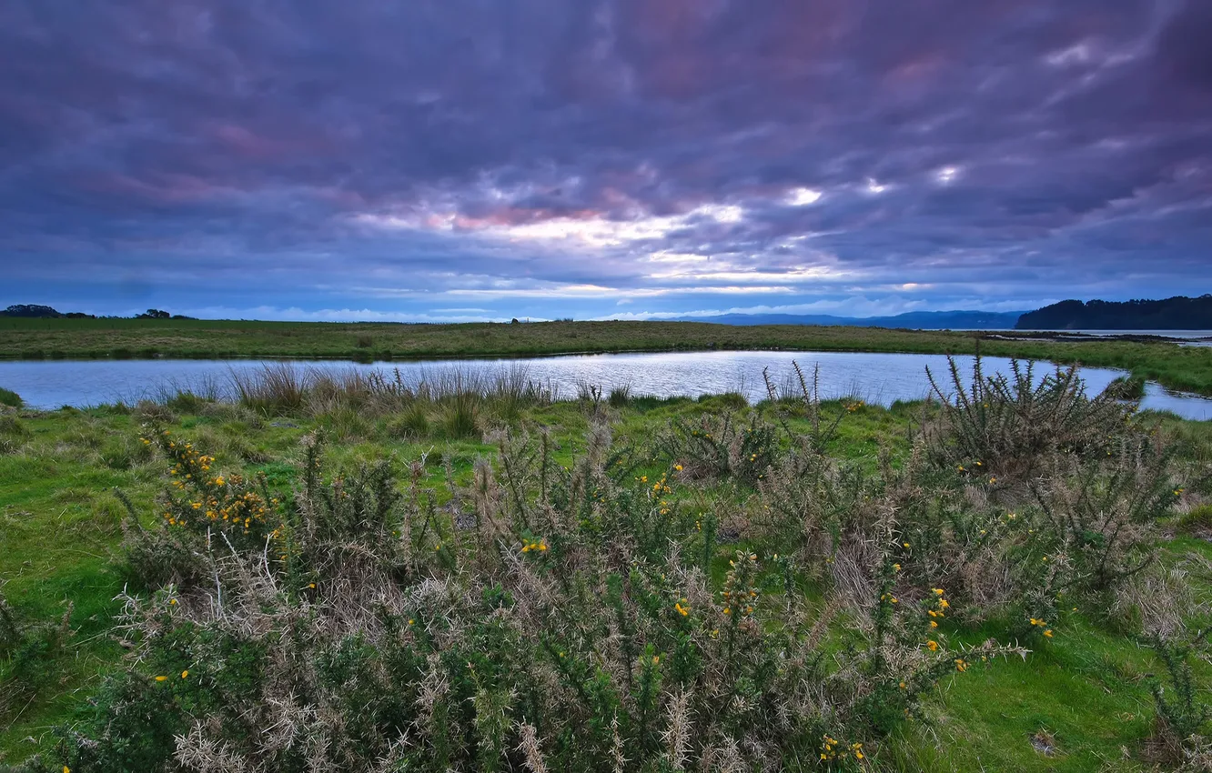 Photo wallpaper the sky, grass, clouds, lake, photo, horizon