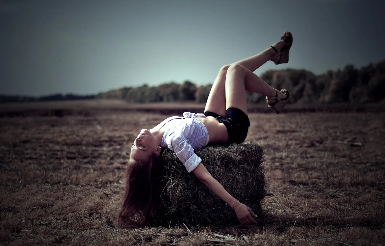 Photo wallpaper field, grass, hair, shorts, stack, straw, shirt, brown hair