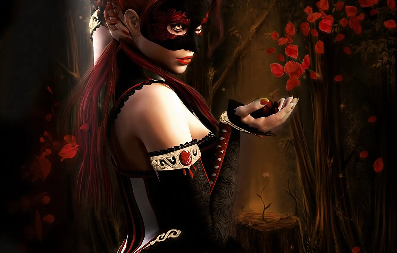 Photo wallpaper woman, pose, petals, mask
