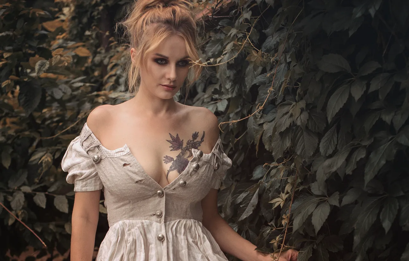 Photo wallpaper girl, dress, tattoo, grapes, buttons