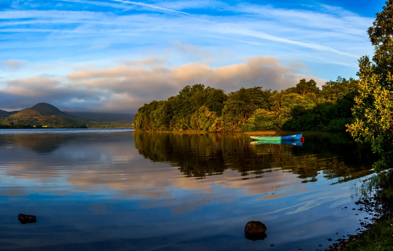 Photo wallpaper trees, lake, shore, boat, Ireland, Mayo