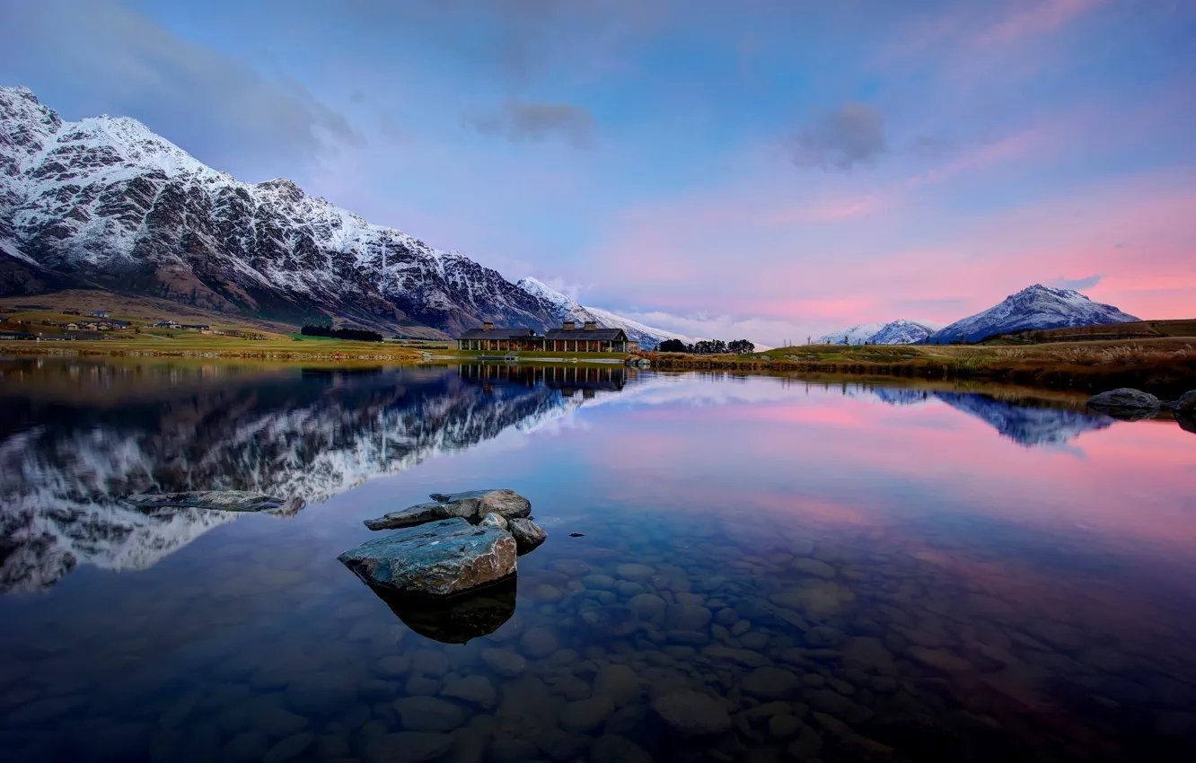Photo wallpaper mountains, reflection, stones, the bottom, New Zealand, New Zealand, Queenstown, Lake Wakatipu