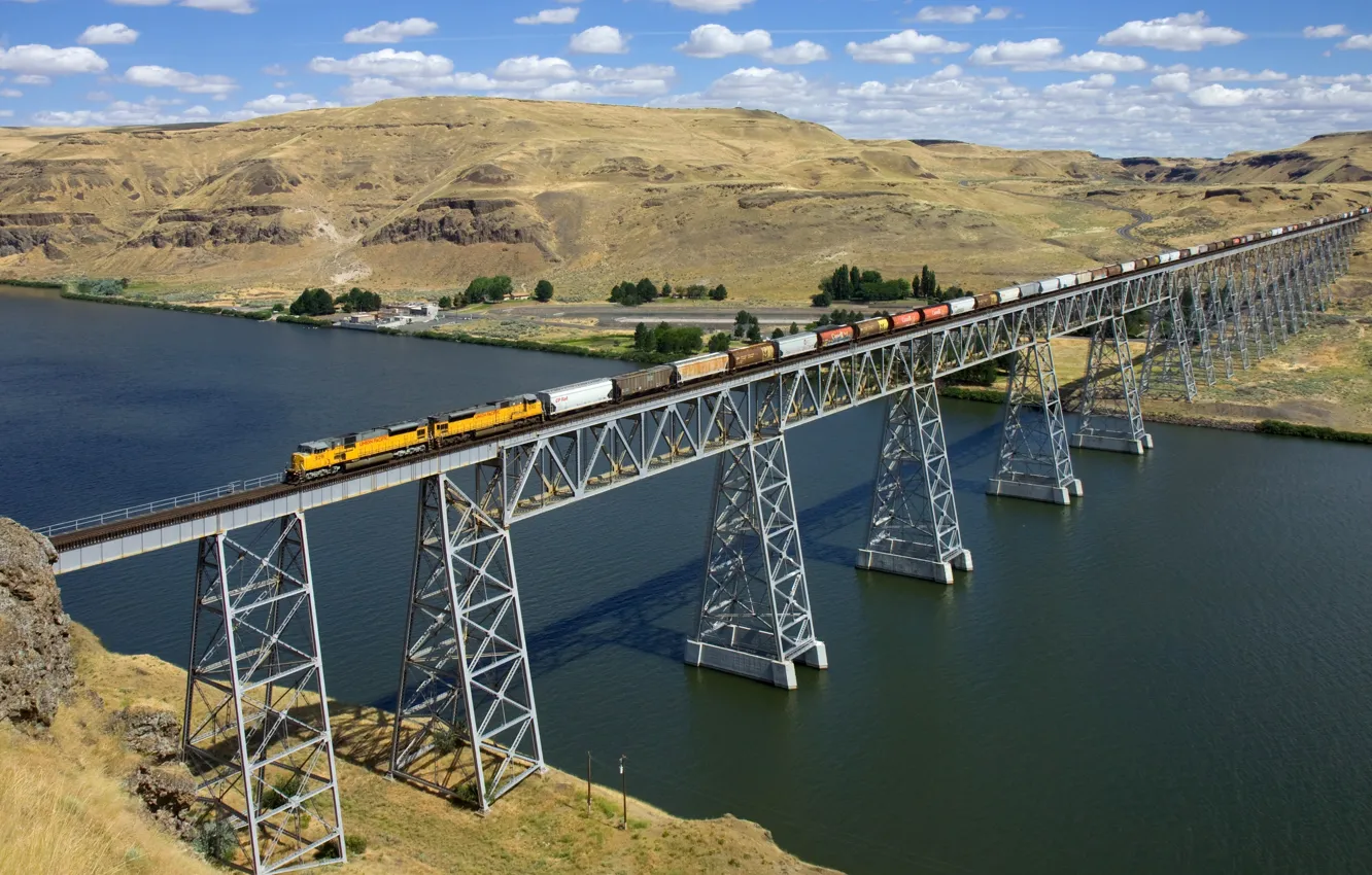 Photo wallpaper bridge, train, channel, composition