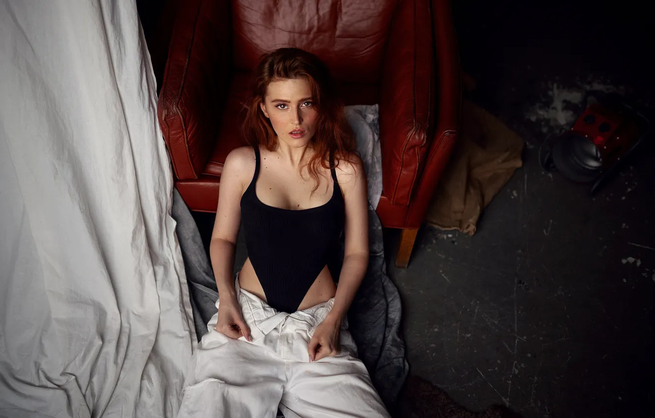 Photo wallpaper look, girl, pose, chair, red, redhead, body, Maxim Gontarev