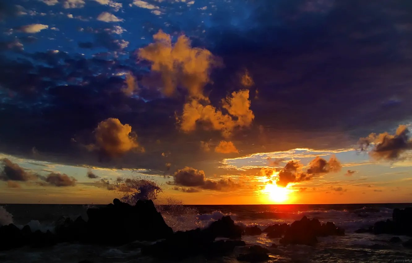 Photo wallpaper sea, wave, the sky, sunset, stones