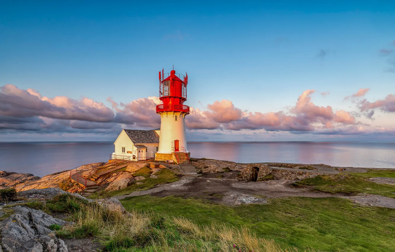Photo wallpaper sea, water, clouds, sunset, coast, lighthouse, Norway, Norway