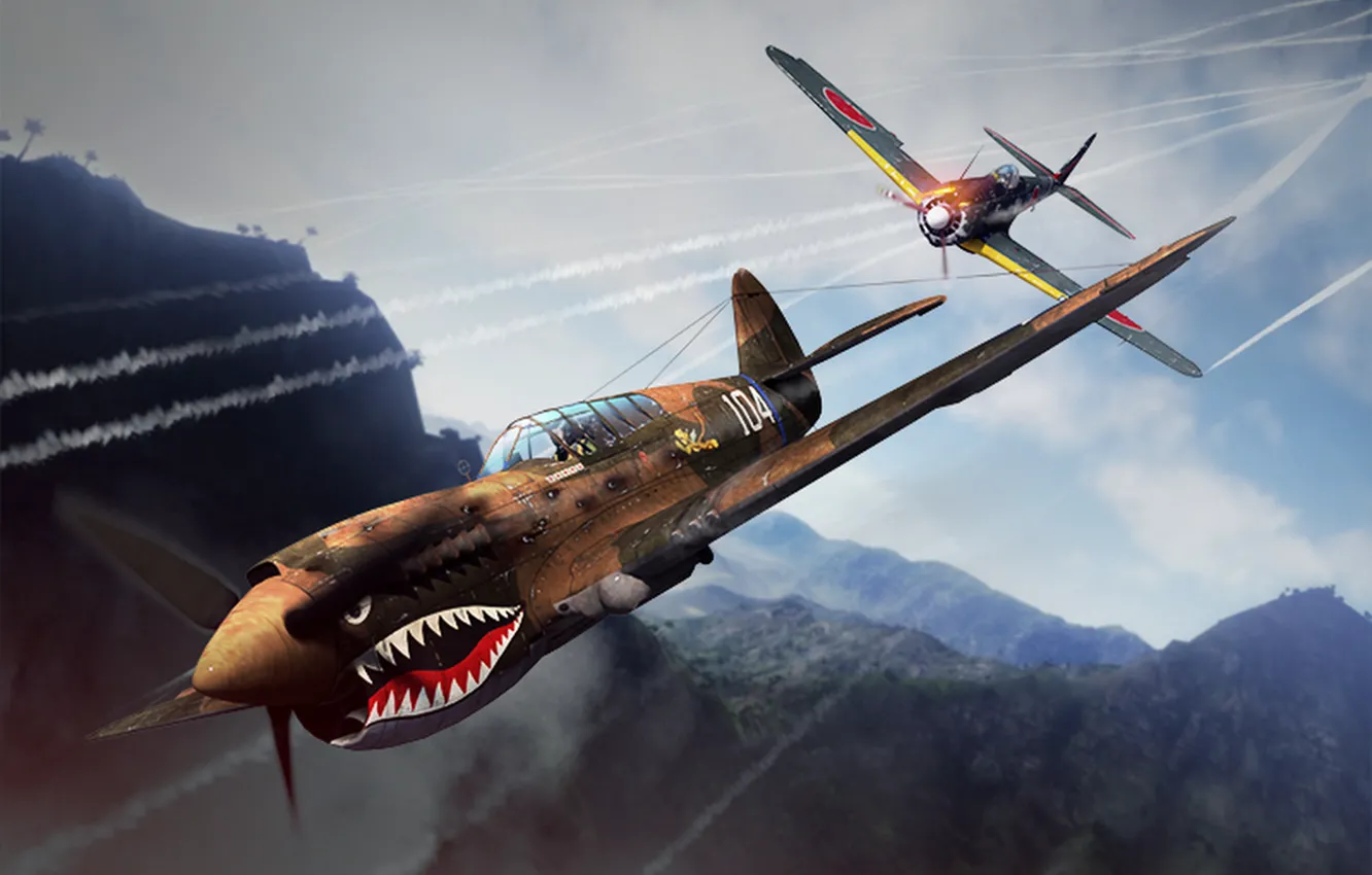 Photo wallpaper mountains, lights, P-40 Kittyhawk, Ki-43