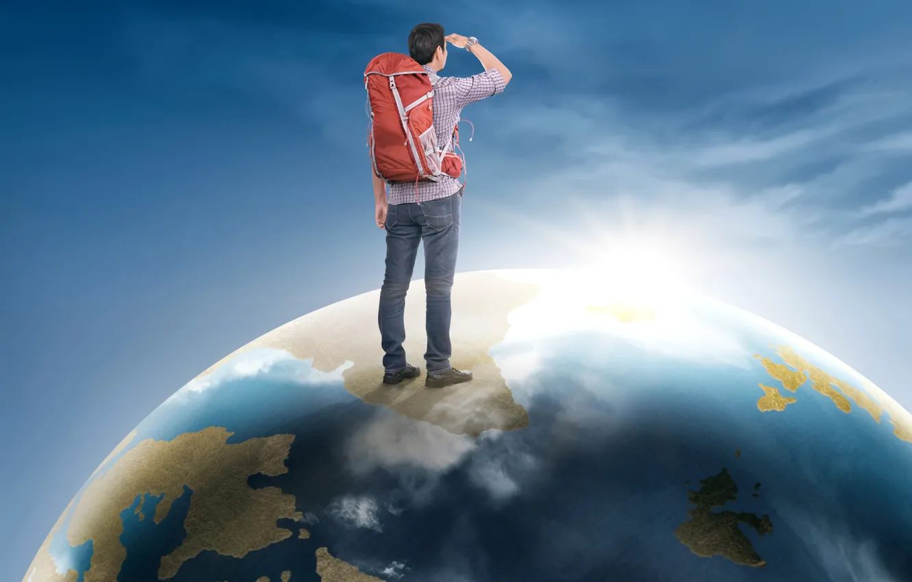 Photo wallpaper the sky, the sun, planet, jeans, traveler, Earth, male, shirt