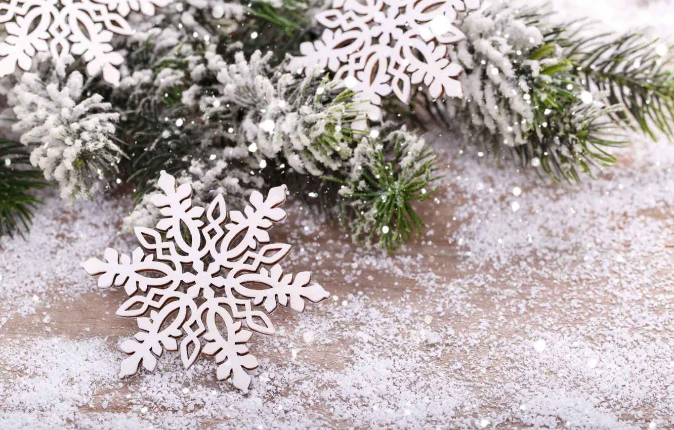 Photo wallpaper snow, snowflakes, New Year, Christmas, Christmas, wood, snow, New Year