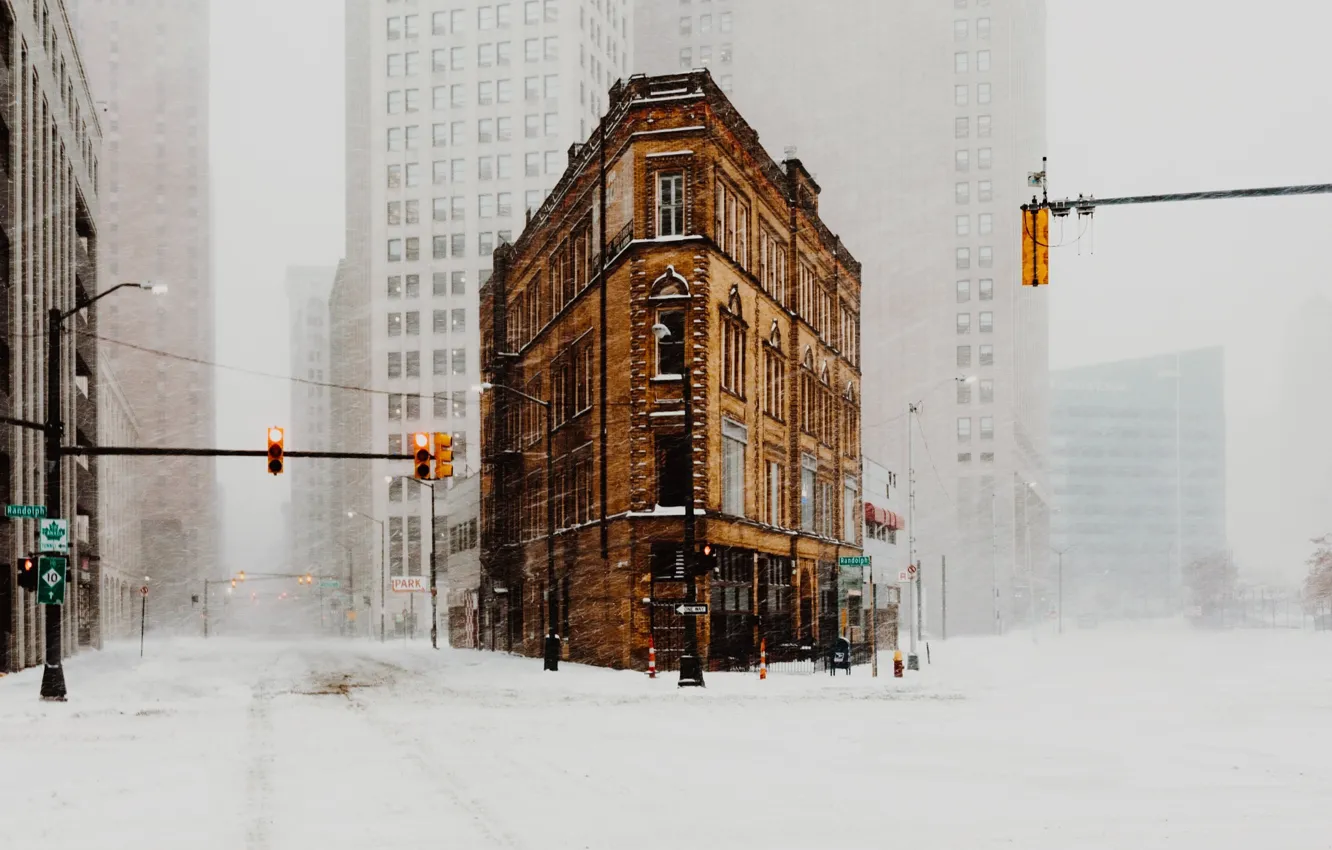 Photo wallpaper winter, snow, the city, home, USA, street, Blizzard