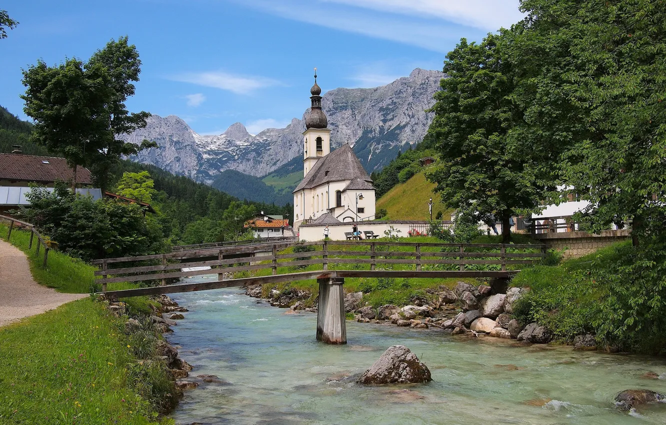 Photo wallpaper mountains, bridge, river, Germany, Bayern, Alps, Church, Germany