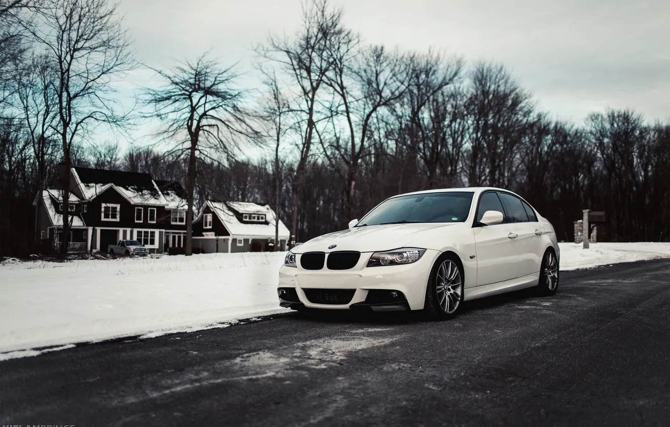 Photo wallpaper winter, white, snow, BMW, BMW, white, E90, The 3 series