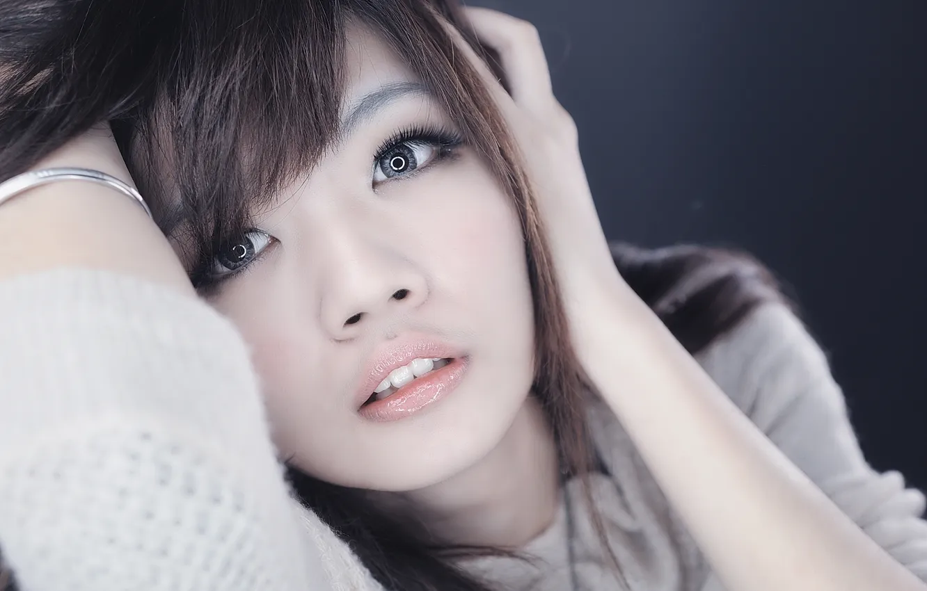 Photo wallpaper look, face, eyelashes, background, hair, hands, bracelet, girl. Asian