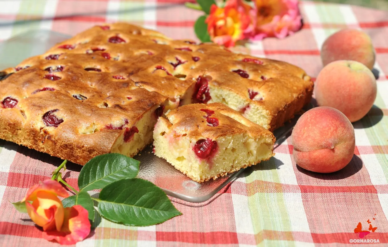 Photo wallpaper roses, pie, peaches, cakes