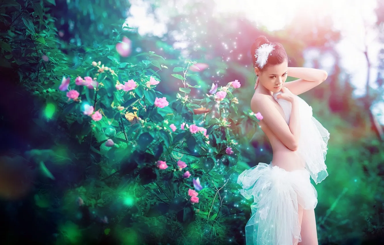 Photo wallpaper greens, flowers, fabric, brown hair, the bushes